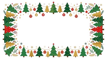 Fototapeta premium Festive christmas border frame featuring green pine trees and colorful hanging ornaments on a white background