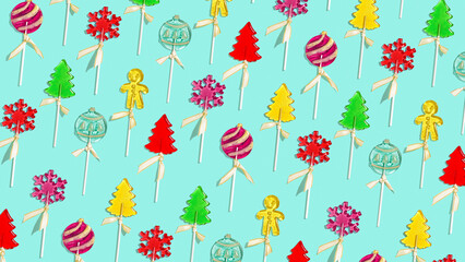 Obraz premium Christmas lollipops shaped Christmas tree, snowflake, gingerbread men, round baubles. Traditional handmade Christmas candies on stick as minimal banner. Xmas concept holiday colorful sweet candies.