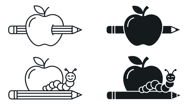 Minimalist vector set of education themed apple and pencil line icons . Solid black silhouettes, cute smiling caterpillar character, school back to learning elements .
