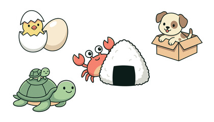 Fototapeta premium Cute cartoon animals and food elements collection isolated on white . Hatching chick, crab with rice ball, puppy in box, turtles vector .