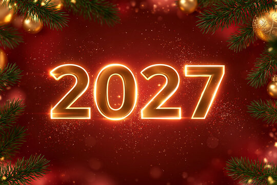 Golden "2027" glows against rich red background. Festive pine branches frame the design. Sparkling particles add depth and celebration. Bright, warm light evokes joy and anticipation