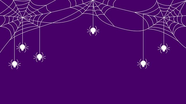 Halloween Spider Web with Hanging Spiders on Dark Purple Background.