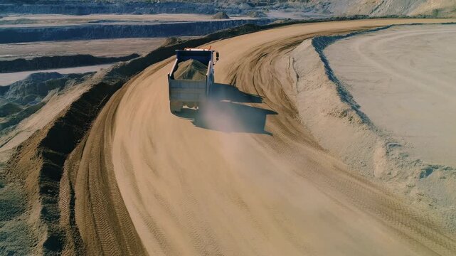 Loaded dump truck drives away along a sweeping dirt haul road in terraced open-pit excavation, carrying a mound of earth while tires raise a widening dust trail in bright sunlight