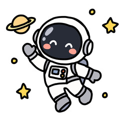 Cute Hand Drawn Astronaut in Space with Planet and Stars © esra