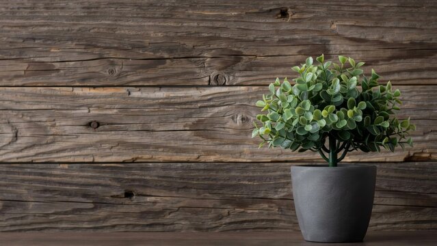 A small green artificial plant in a grey stone pot placed on a dark brown rustic wooden table against a textured wooden plank wall background, creating a natural and cozy interior decoration