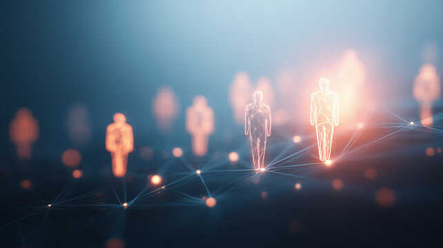 Connected human figures stand across a digital network representing population analysis and social connectivity.
