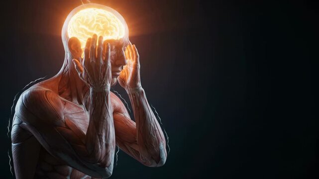 Cinematic medical footage of a human musculoskeletal model holding its head in pain against a dark background.