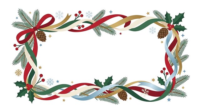 Watercolor christmas frame with holly leaves red berries pine cones and festive ribbons on white background