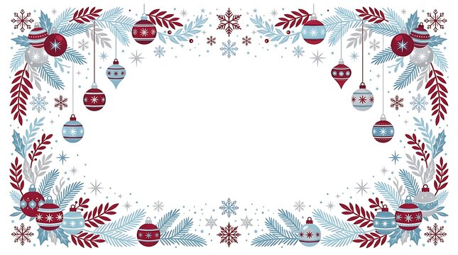 Elegant christmas holiday frame with hanging ornaments and festive botanical elements on a white background