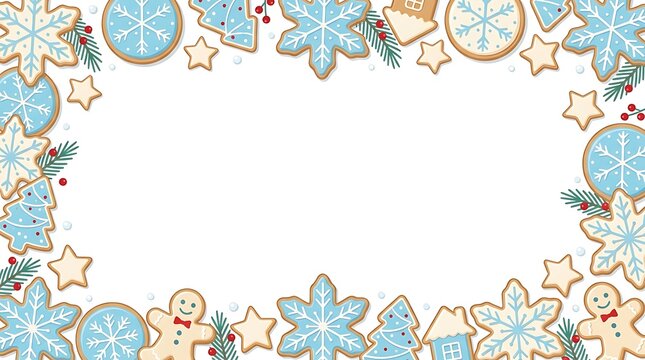 Christmas holiday background frame with watercolor gingerbread cookies and blue snowflakes with copy space for text