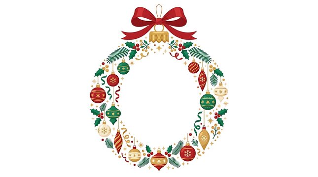 Watercolor christmas wreath with colorful ornaments and a red bow isolated on a white background