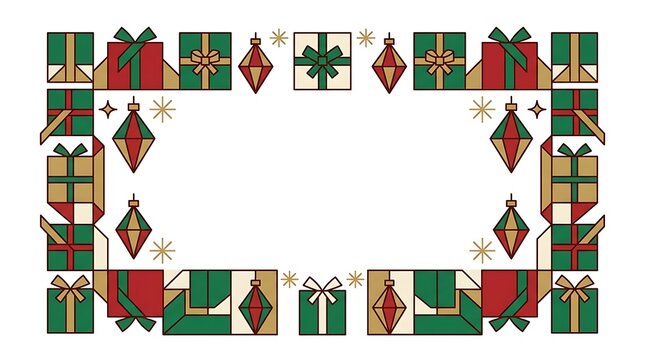 Festive christmas border frame featuring colorful gift boxes and hanging ornaments isolated on a white background