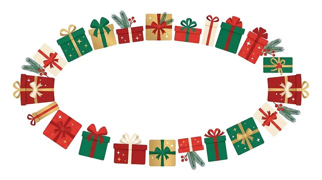 Oval frame made of colorful christmas gift boxes isolated on a white background with copy space