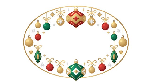 Elegant oval frame decorated with colorful christmas baubles and festive ornaments on a white background for holiday design