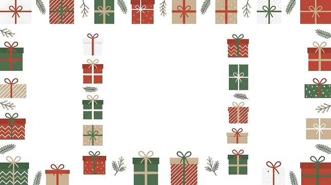 Festive christmas gift box border frame with watercolor illustrations on a clean white background for holiday designs