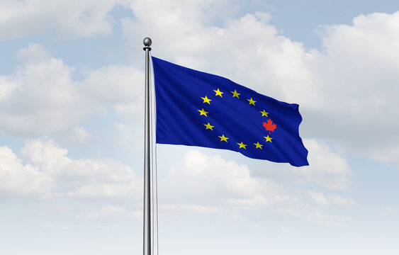 Canada Europe associate membership as Canadain politics Entering The European Union concept as the red maple leaf and the EU symbol joining together for closer cooperation as an EU close strategic fri
