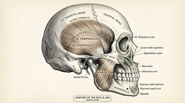 Face and Jaw Skull Muscle Anatomy Profile Medical Illustration
