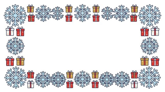 Christmas festive border frame with blue snowflakes and colorful gift boxes on a white background