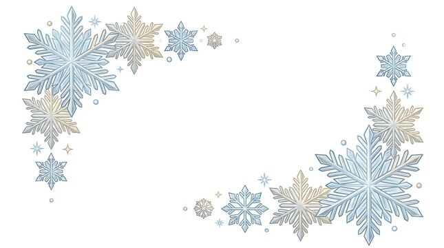 Elegant winter background with a decorative frame of blue and silver snowflakes on a white backdrop