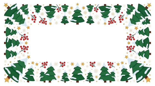 Festive christmas border frame featuring green pine trees and red berries on a white background for holiday designs