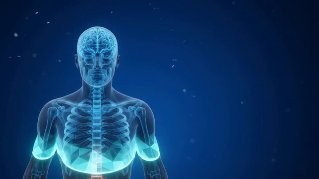 Medical illustration of a human figure with a glowing brain and spine emitting circular signal waves on a blue background.