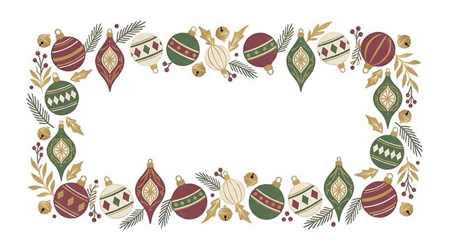 Watercolor christmas frame with decorative ornaments and festive foliage on a white background for holiday design