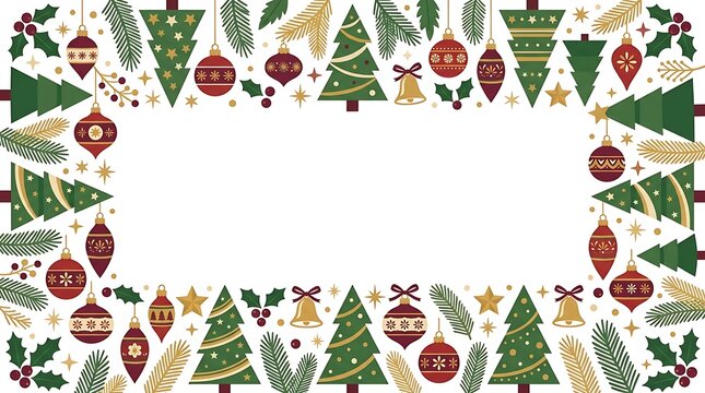 Festive christmas border with watercolor evergreen trees and red ornaments on a white background for holiday invitations