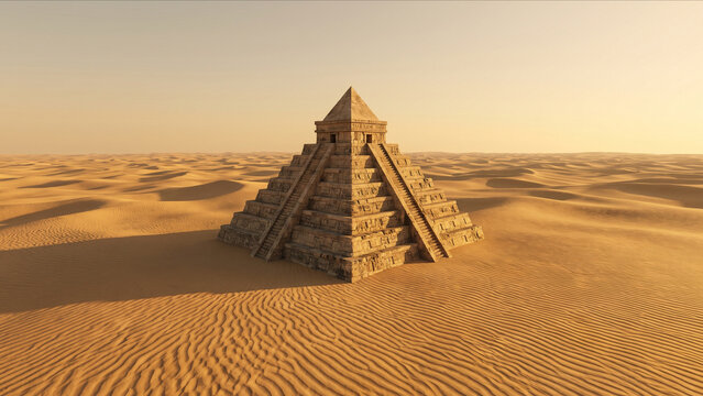夕暮れの砂漠にそびえる古代の石造ピラミッド神殿と砂丘の風景3D