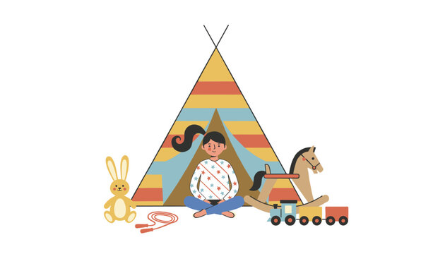 Happy young girl sitting cross legged in front of colorful toy teepee tent surrounded by children playthings.