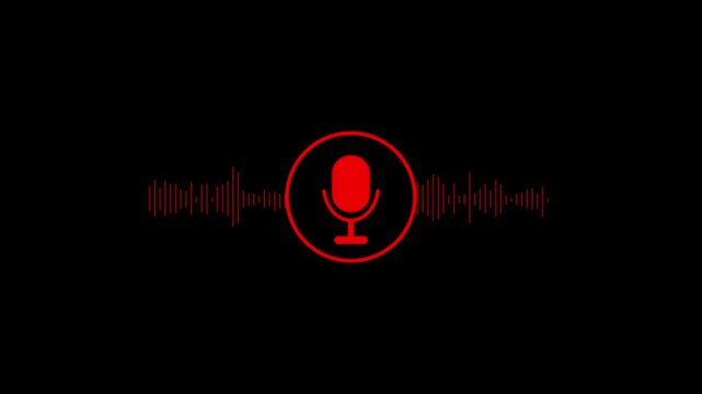 Minimalist Microphone Icon with red Audio Waveform Sound Frequency on Black Background video...