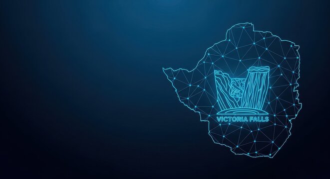 Digital map outline of Victoria Falls, Zambia and Zimbabwe, with glowing geometric network.