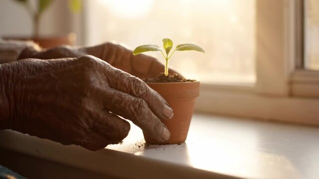 Elderly hands gently holding a small terracotta pot with a young green seedling on a sunlit windowsill, symbolizing care and new growth.
