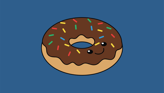Cute cartoon chocolate donut with colorful sprinkles and sweet smiling face isolated on blue background.