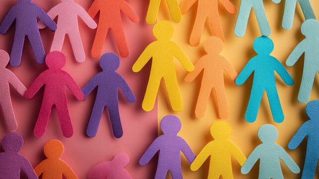 Colorful cutout paper people representing diversity, inclusion, acceptance and unity for international day for tolerance, multicultural community and social equality concept on solid background