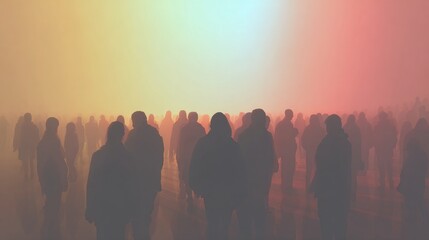 Fototapeta premium Softly colored crowd of people gathered together in a hazy atmospheric space with gentle light and dreamy abstract ambiance