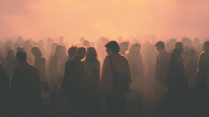 Fototapeta premium Softly colored crowd of people gathered together in a hazy atmospheric space with gentle light and dreamy abstract ambiance