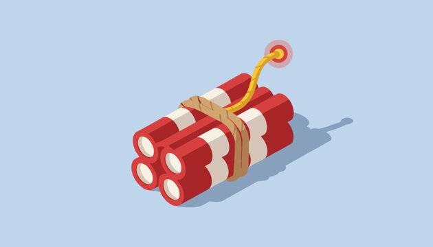 Dangerous bundle of red dynamite sticks with a burning lit fuse on a light blue background isometric vector.