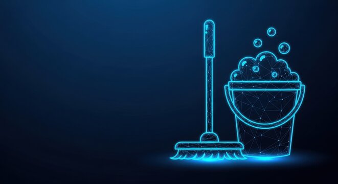 Cleaning mop and bucket icon with bubbles, modern digital illustration for hygiene and household services