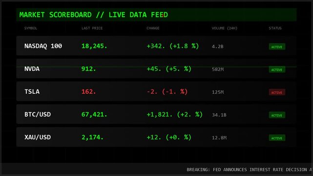 financial market scoreboard with live data feed showing stock exchange indicators, stock trading analysis