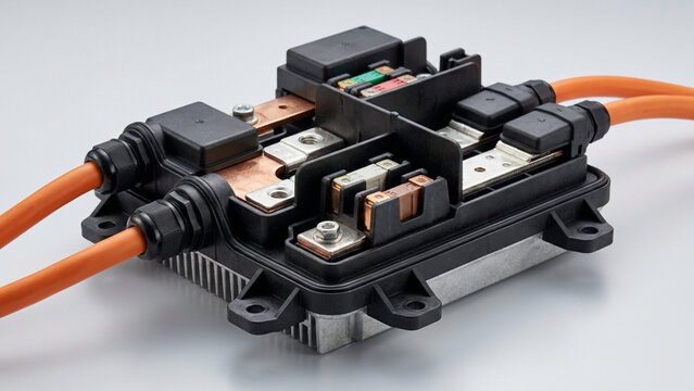 A close-up view of an automotive power distribution unit with orange high-voltage cables, fuses, and copper busbars.