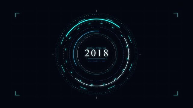 Abstract futuristic HUD interface, digital technology circle with glowing particles and year 2018, blue and white accents on dark background, motion graphic loop
