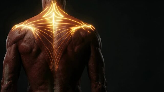 Cinematic close-up video of a human anatomical model showing detailed back and shoulder muscles against a dark background.