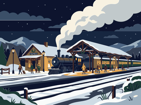 Vintage steam locomotive pulling into a snow covered train station platform at night.