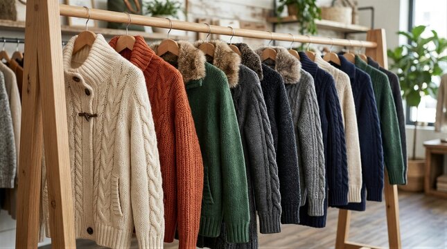 Assorted knit jackets hanging on wooden rack in store