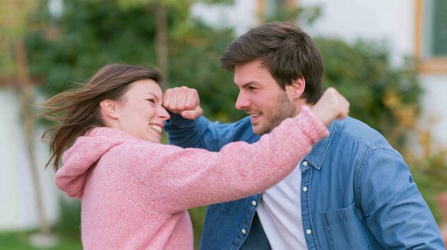 Cheerful young couple playfully fighting and smiling at each other while enjoying leisure time together outdoors. Fun, laughing on a date
