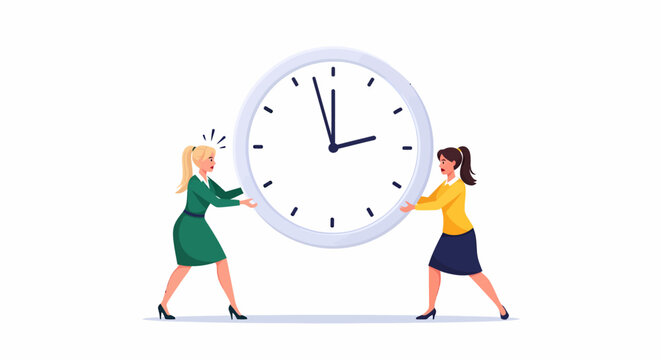 Female HR Manager and Employee Pulling Giant White Clock