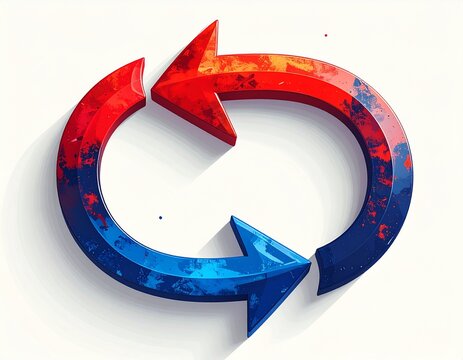 Red and blue refresh sync arrows 3D illustration, circular reload recycle symbol with grunge texture, update exchange icon isolated on white background
