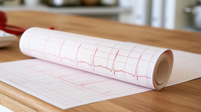 Medical paper roll displays a graph of heartbeats on a wooden surface.