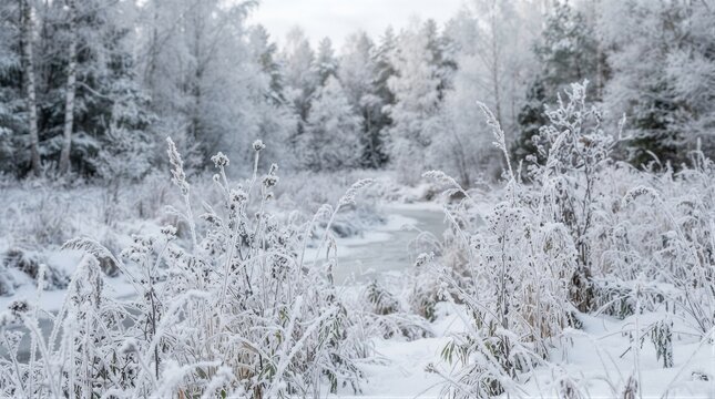 Frost covered grasses framing frozen stream in winter forest