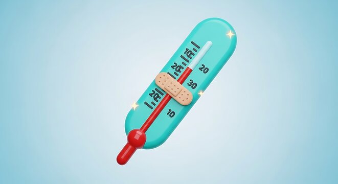 Optimistic Measurement: A Smooth 3D Thermometer, Playfully Bandaged in Vibrant Teal and Red on a Cool Backdrop.